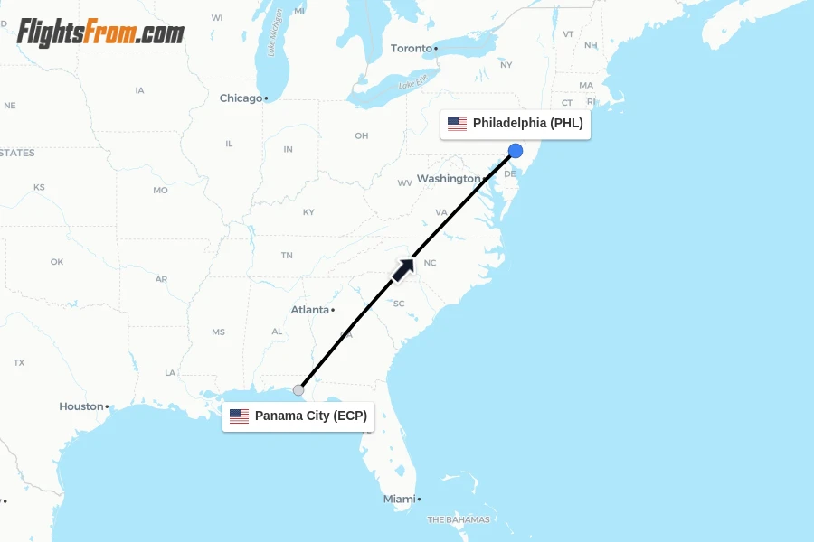 Flights from Panama City to Philadelphia route map