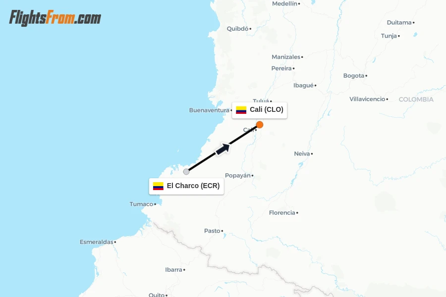 Flights from El Charco to Cali route map