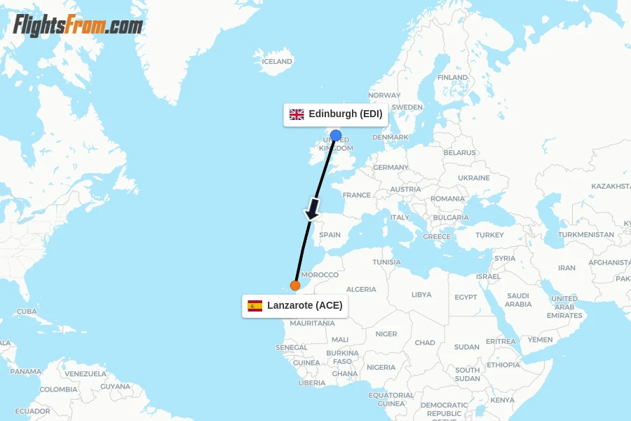 Flights from Edinburgh to Lanzarote route map