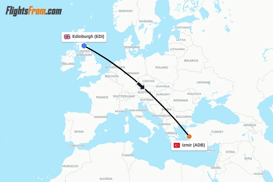 Flights from Edinburgh to Izmir route map
