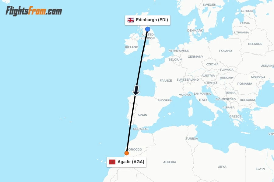 Flights from Edinburgh to Agadir route map