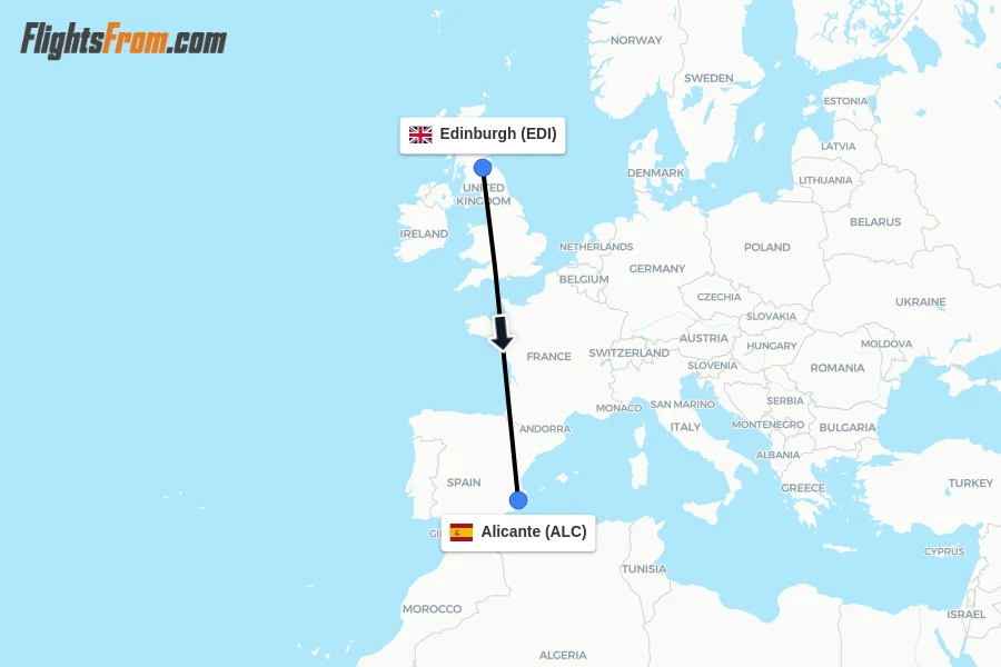 Flights from Edinburgh to Alicante route map