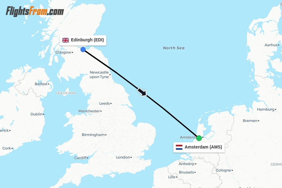Flights from Edinburgh to Amsterdam route map