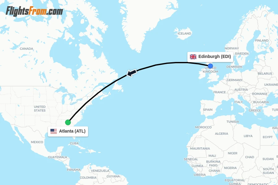 Flights from Edinburgh to Atlanta route map