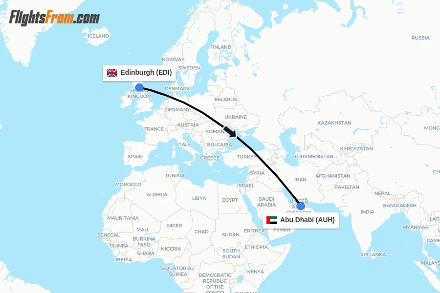 Flights from Edinburgh to Abu Dhabi route map