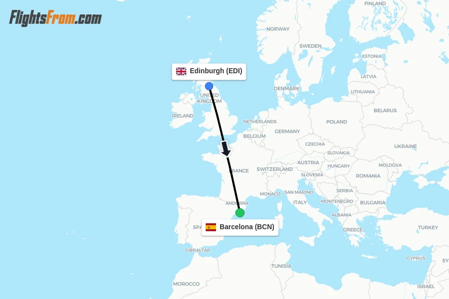Flights from Edinburgh to Barcelona route map