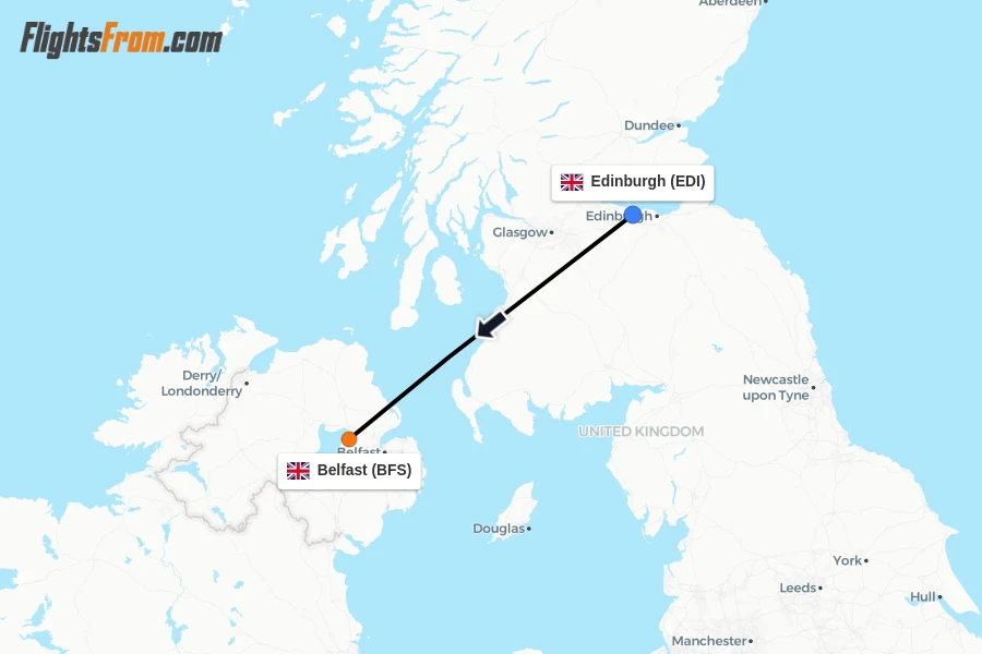 Flights from Edinburgh to Belfast route map