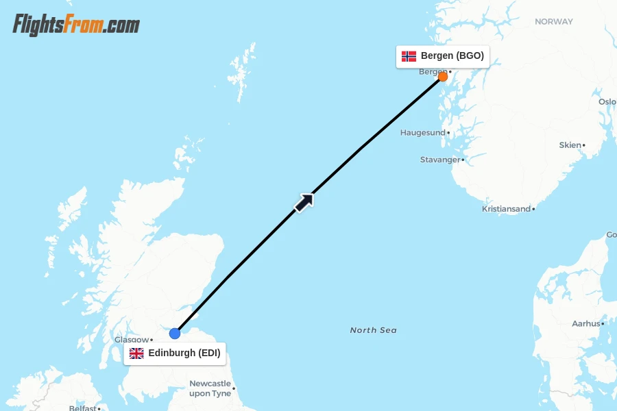 Flights from Edinburgh to Bergen route map