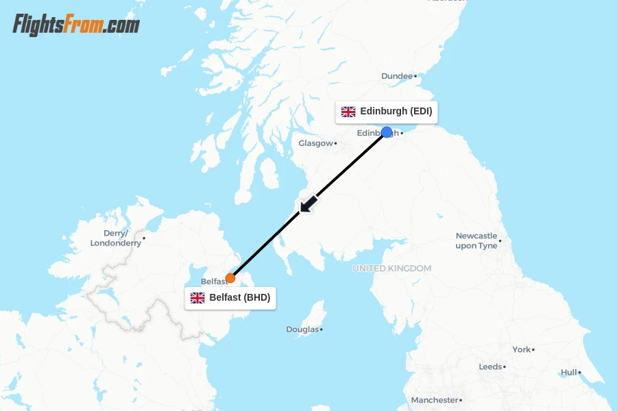 Flights from Edinburgh to Belfast route map