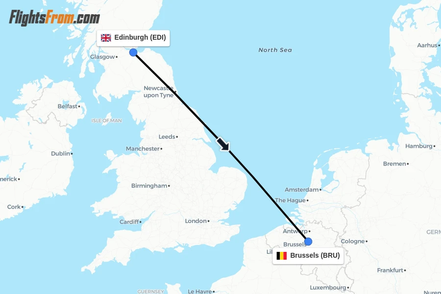 Flights from Edinburgh to Brussels route map