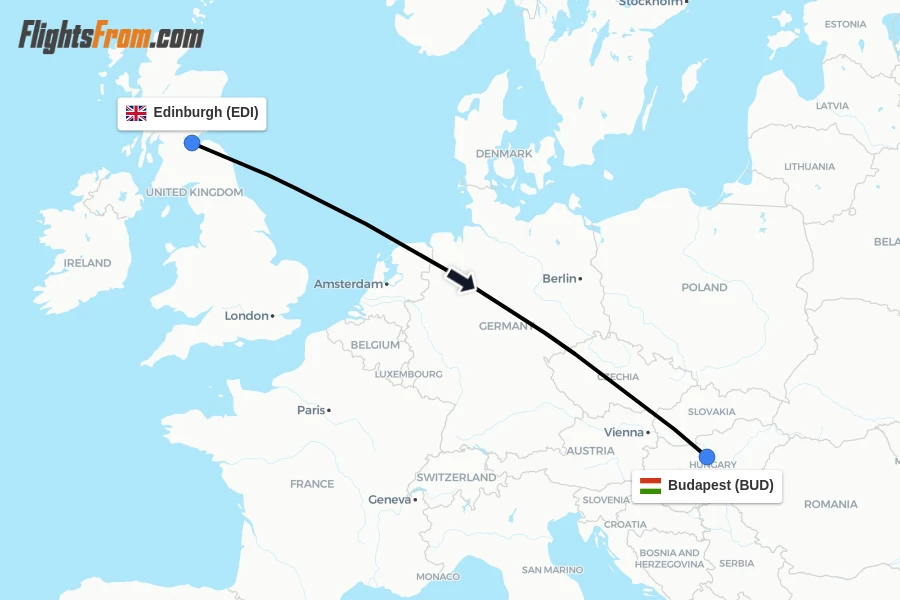 Flights from Edinburgh to Budapest route map