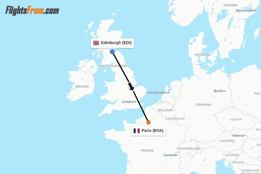 Flights from Edinburgh to Paris route map