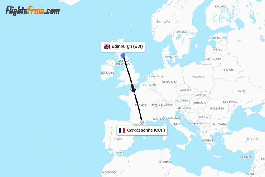 Flights from Edinburgh to Carcassonne route map