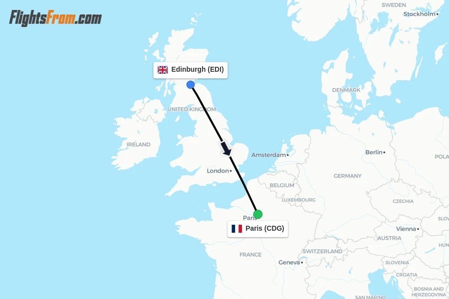 Flights from Edinburgh to Paris route map