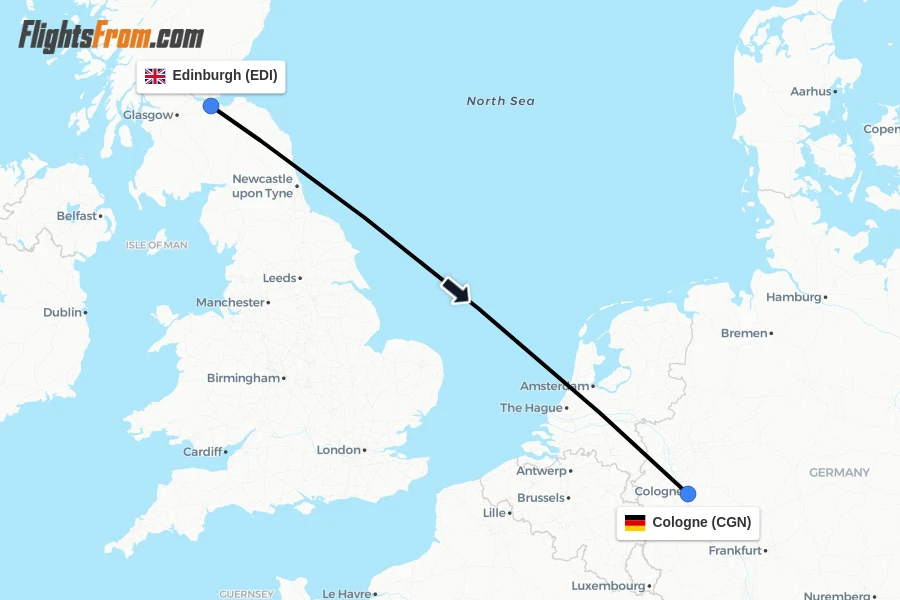 Flights from Edinburgh to Cologne route map