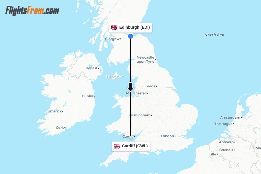 Flights from Edinburgh to Cardiff route map