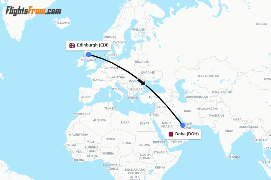 Flights from Edinburgh to Doha route map