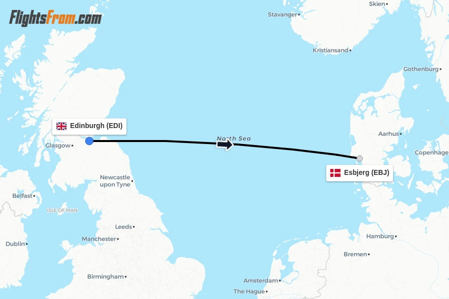 Flights from Edinburgh to Esbjerg route map