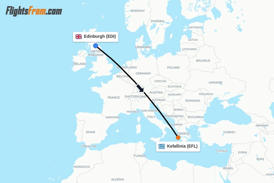 Flights from Edinburgh to Kefallinia route map