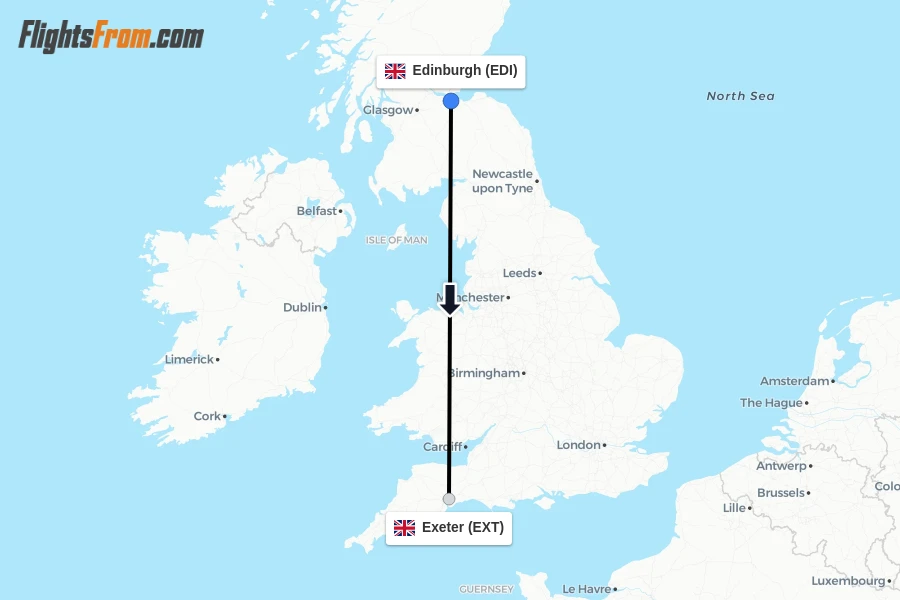 Flights from Edinburgh to Exeter route map