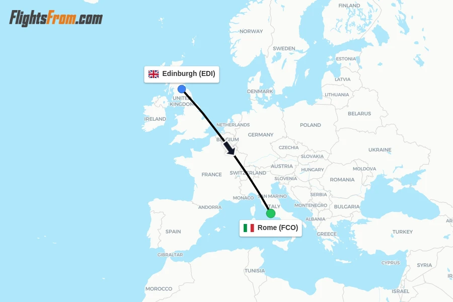 Flights from Edinburgh to Rome route map