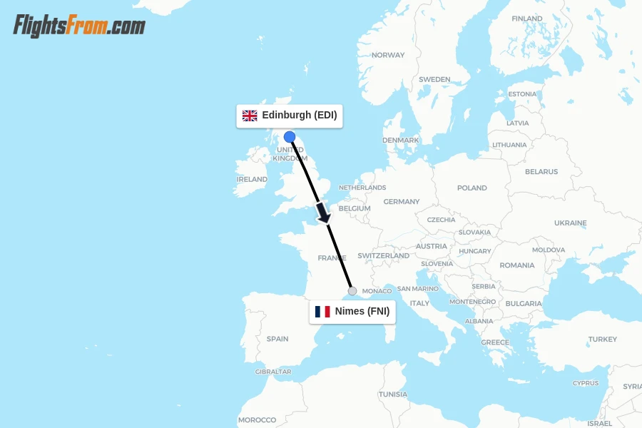 Flights from Edinburgh to Nimes route map