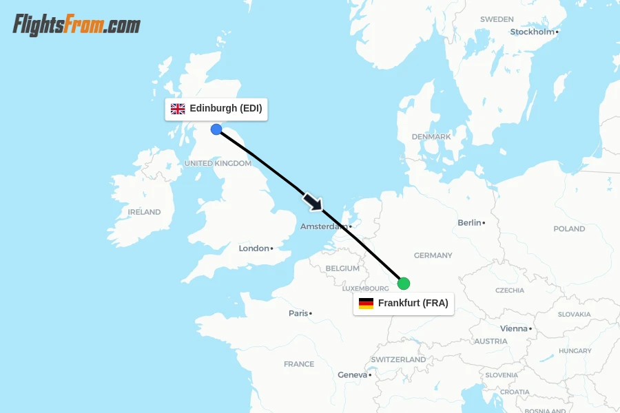 Flights from Edinburgh to Frankfurt route map