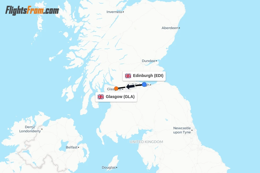 Flights from Edinburgh to Glasgow route map
