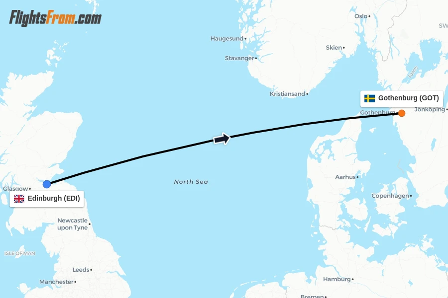 Flights from Edinburgh to Gothenburg route map