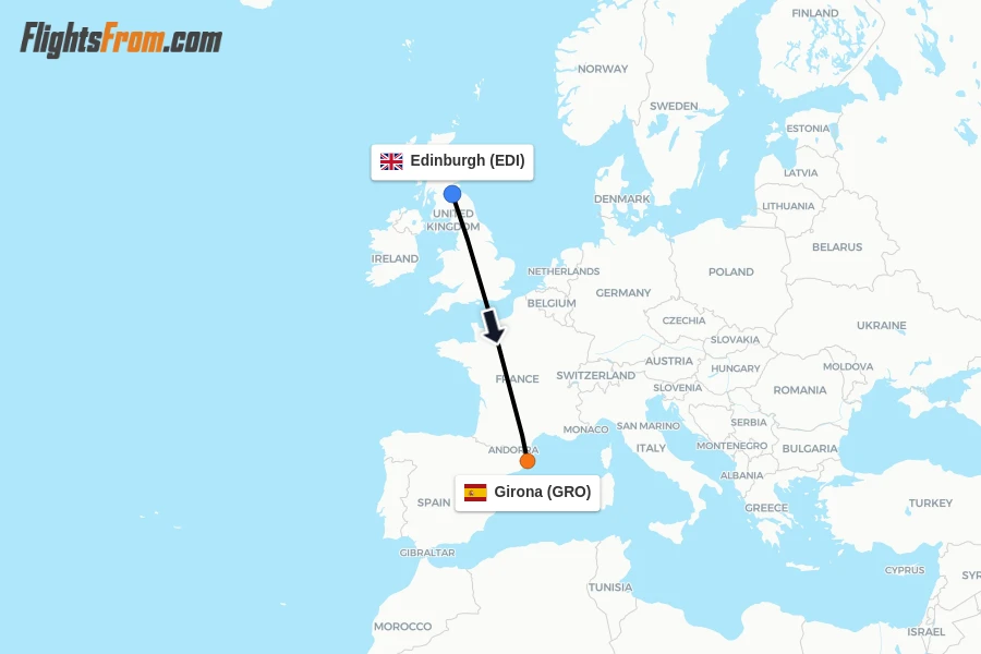 Flights from Edinburgh to Girona route map