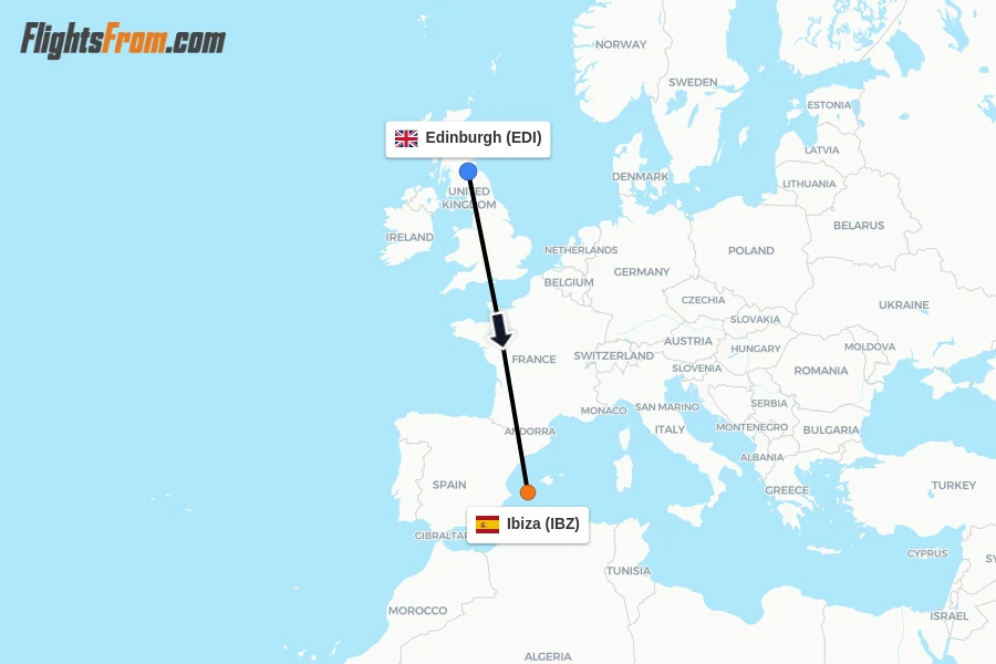 Flights from Edinburgh to Ibiza route map