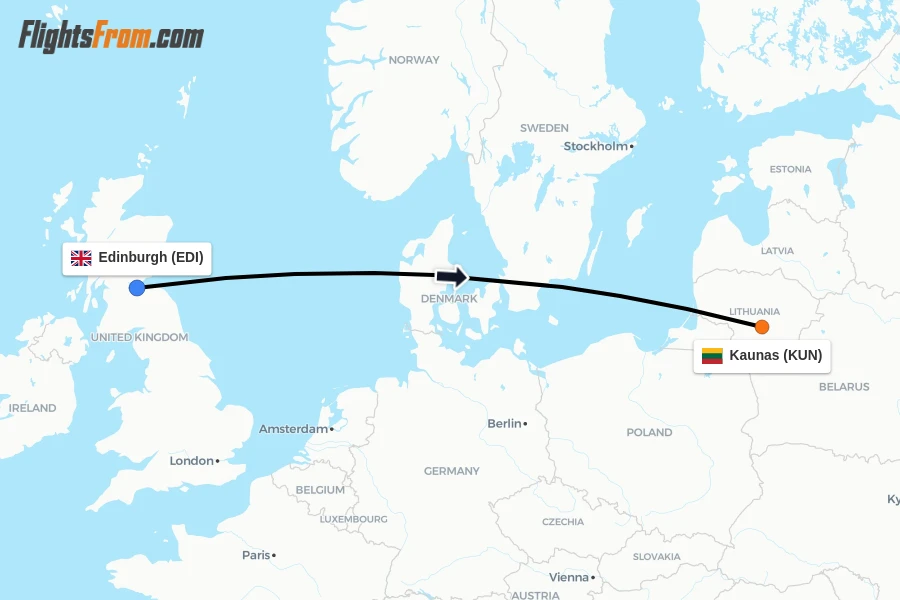 Flights from Edinburgh to Kaunas route map