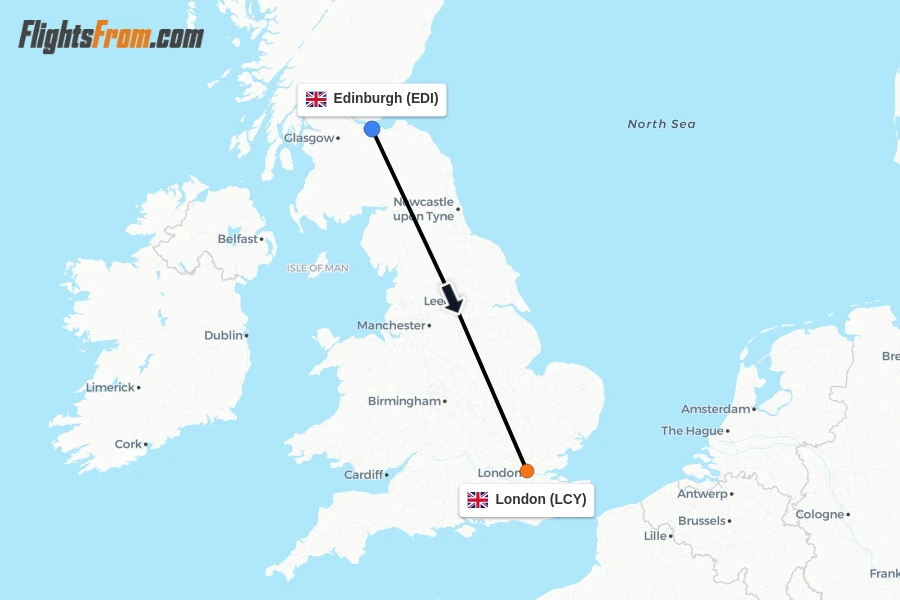 Flights from Edinburgh to London route map