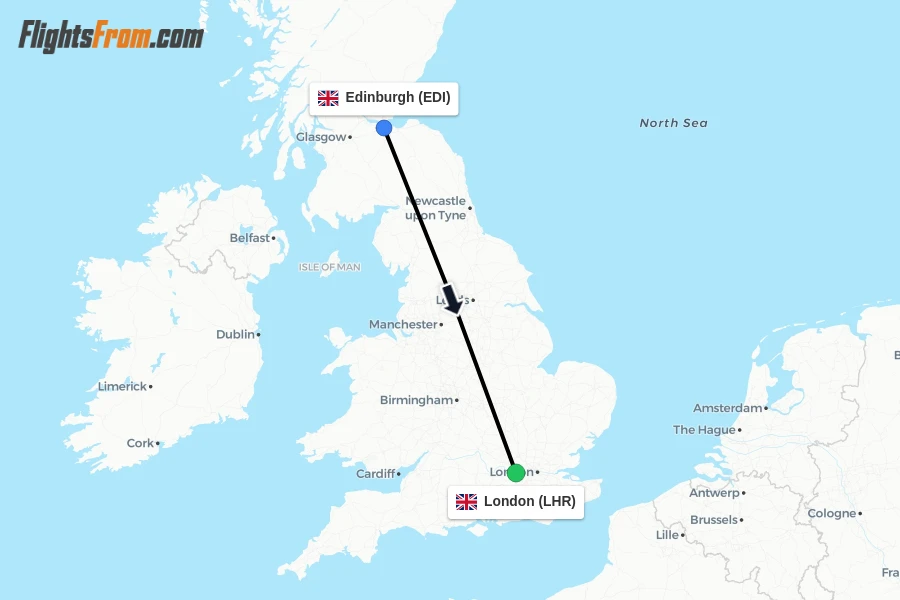 Flights from Edinburgh to London route map