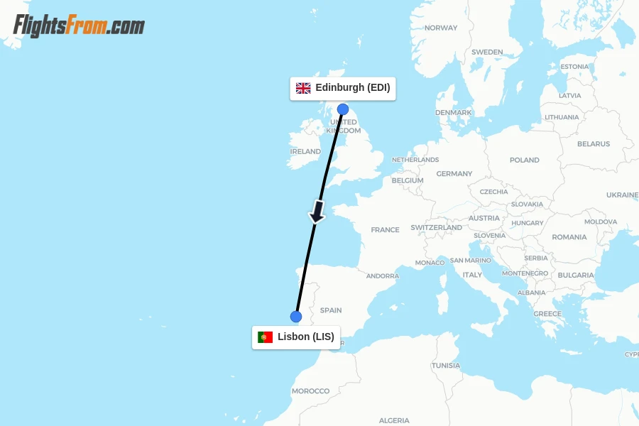 Flights from Edinburgh to Lisbon route map