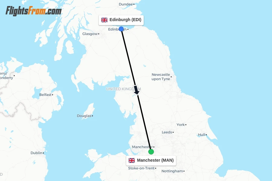 Flights from Edinburgh to Manchester route map