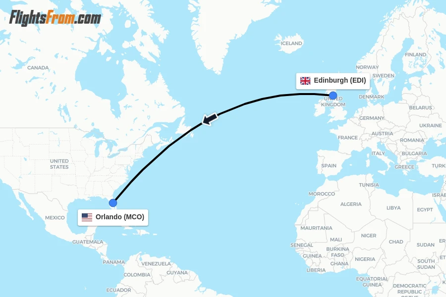 Flights from Edinburgh to Orlando route map