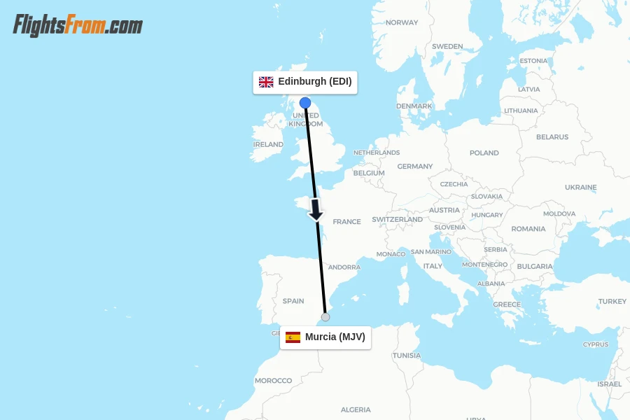 Flights from Edinburgh to Murcia route map