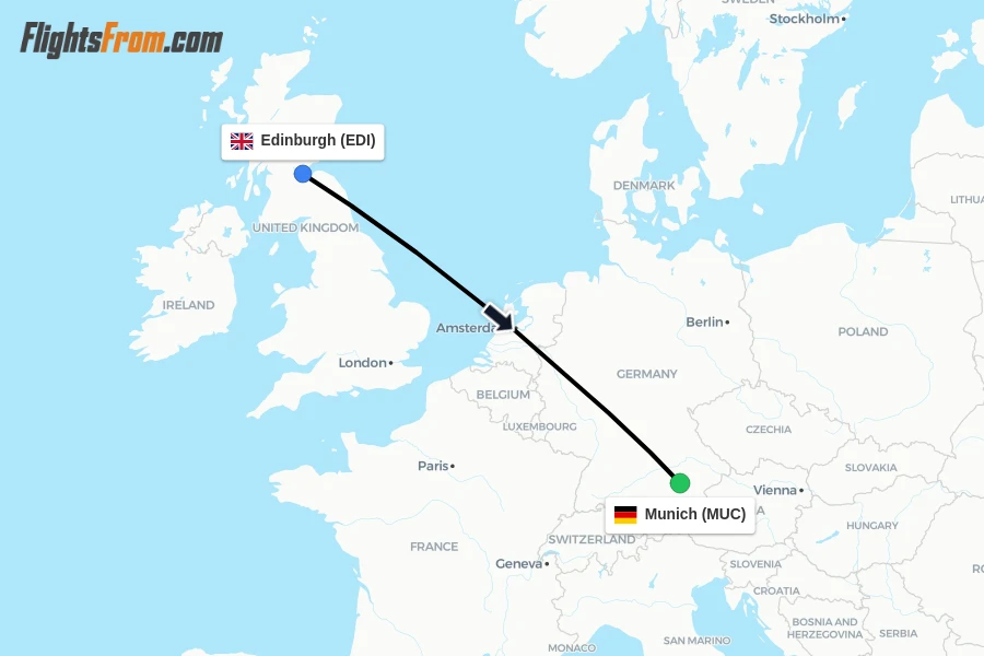 Flights from Edinburgh to Munich route map