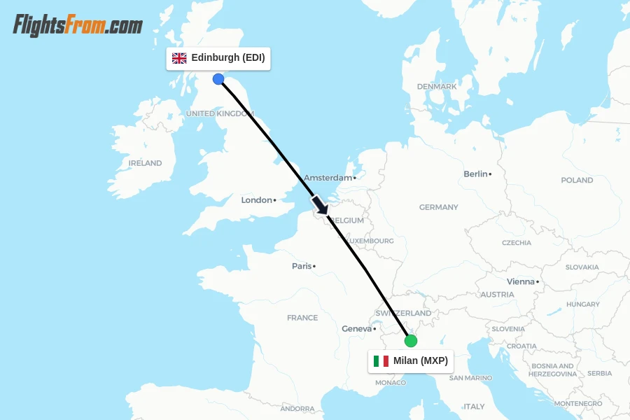 Flights from Edinburgh to Milan route map