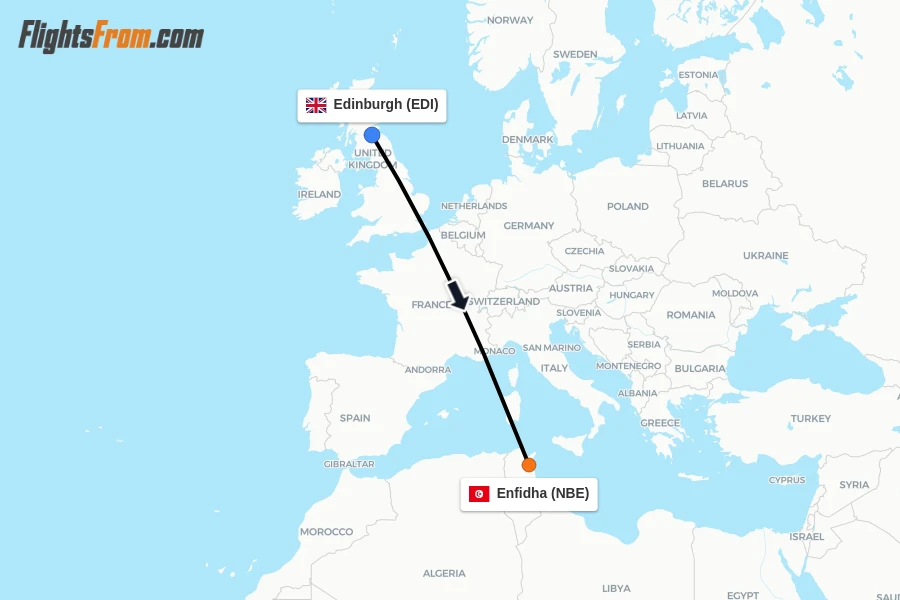 Flights from Edinburgh to Enfidha route map