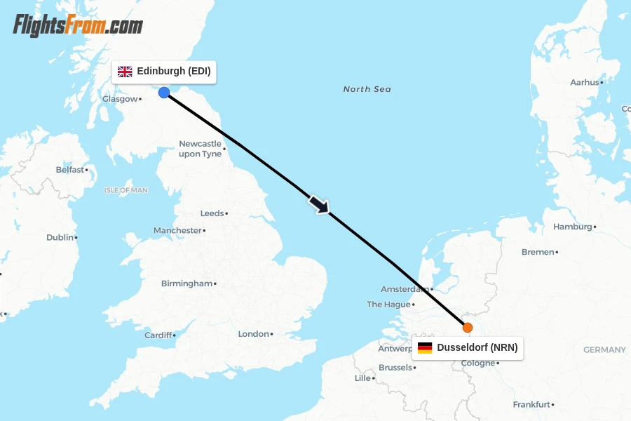 Flights from Edinburgh to Dusseldorf route map