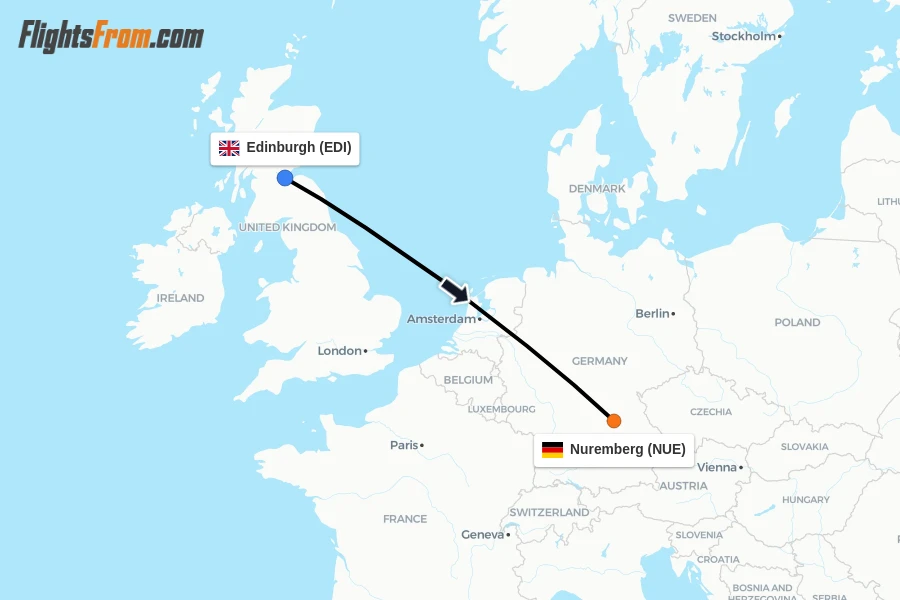 Flights from Edinburgh to Nuremberg route map