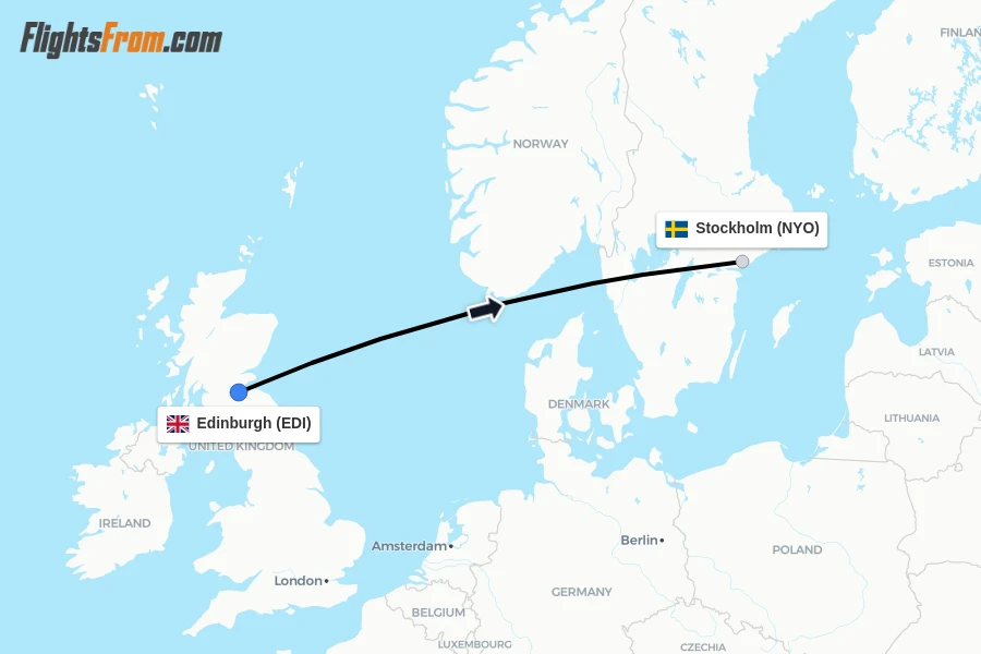 Flights from Edinburgh to Stockholm route map