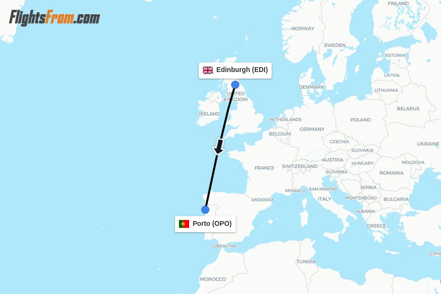 Flights from Edinburgh to Porto route map