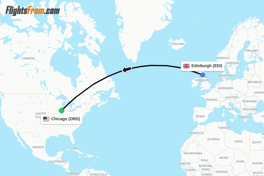 Flights from Edinburgh to Chicago route map