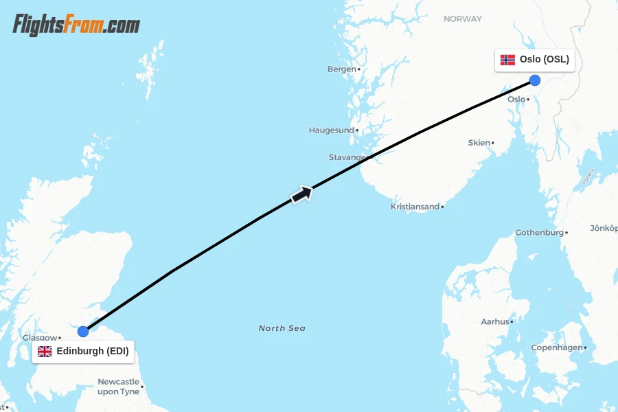 Flights from Edinburgh to Oslo route map