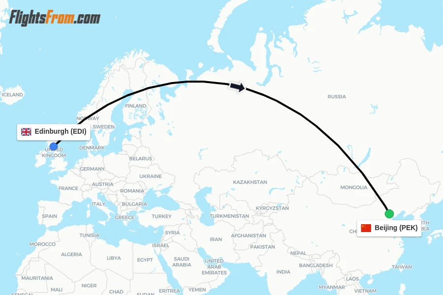 Flights from Edinburgh to Beijing route map