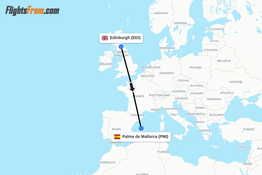 Flights from Edinburgh to Palma de Mallorca route map