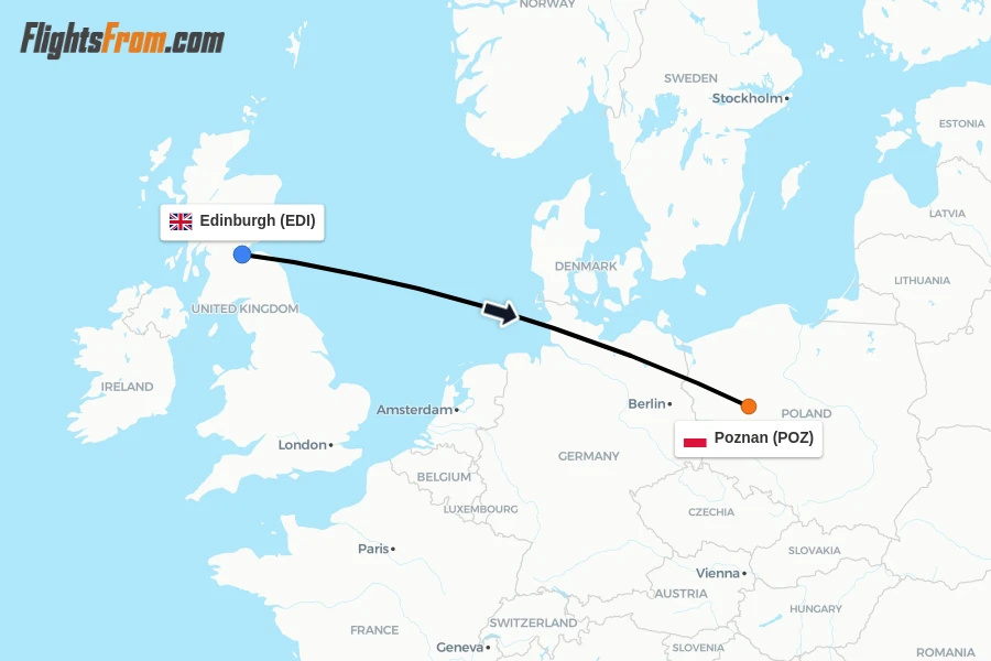 Flights from Edinburgh to Poznan route map